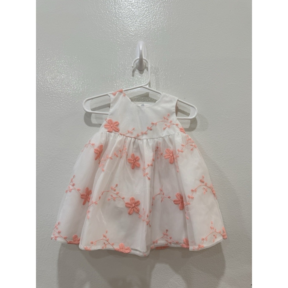 Baby Girls White Coral Pink Floral Embroidered Party And Special Occasion Dress